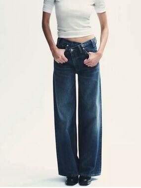 ZARA Crossover Waist Wide-Leg High-Rise Women’s Jeans - Dark Blue
